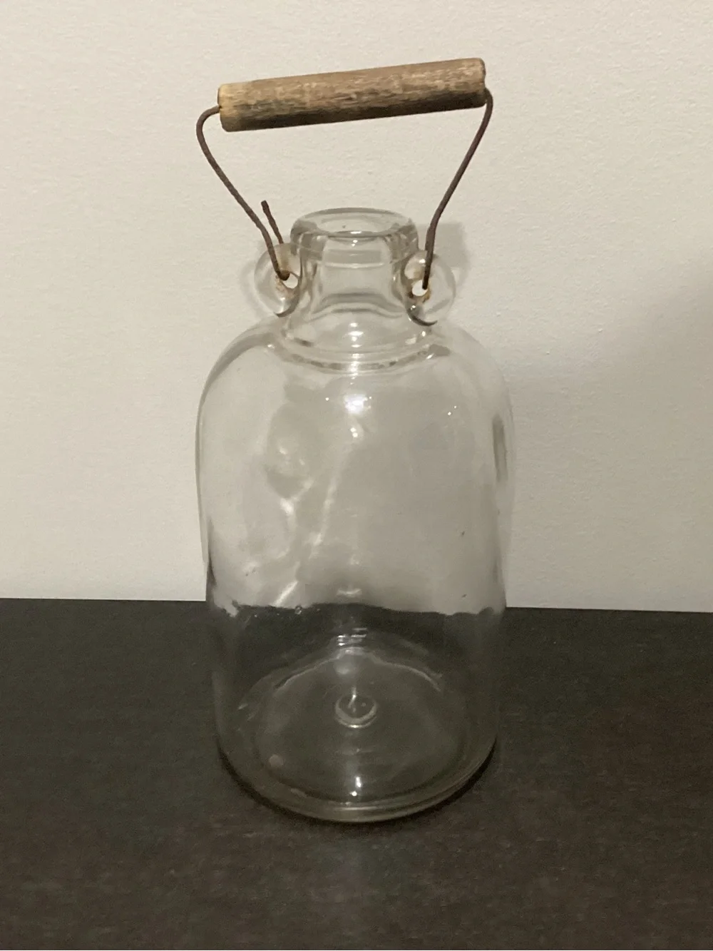 Vintage/Antique? 1 Gallon clear glass jug with traditional wire bail and wooden